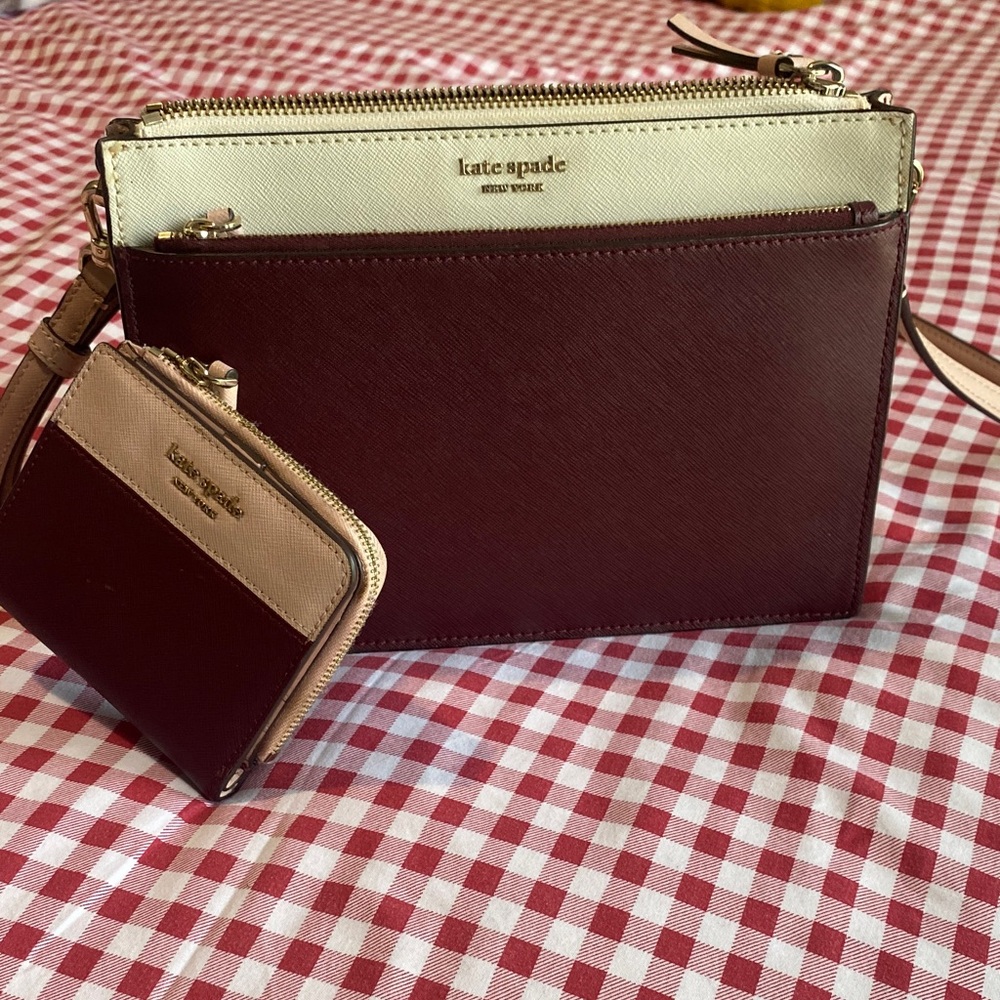Kate Spade Burgundy and Cream Clutch/Crossbody Set